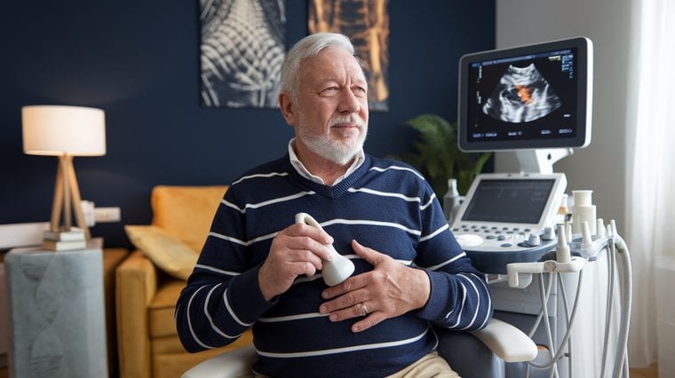 Senior patient receiving mobile AAA ultrasound screening at home