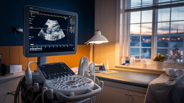 Medical ultrasound transducer next to cardiac monitoring device showing heart waveforms