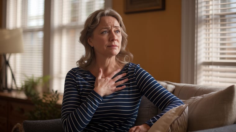 Middle-aged woman sitting calmly with hand on chest in morning light