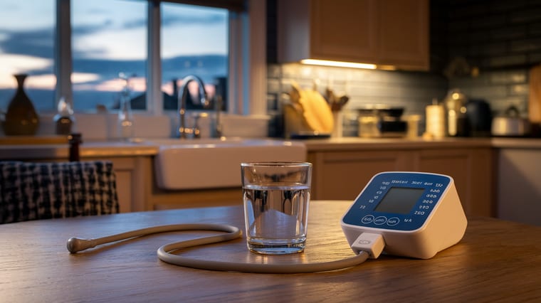 Blood pressure monitor on wooden table in warm home kitchen setting