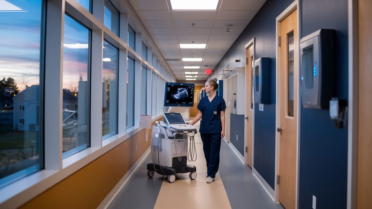Portable ultrasound machine in a bright clinical hallway