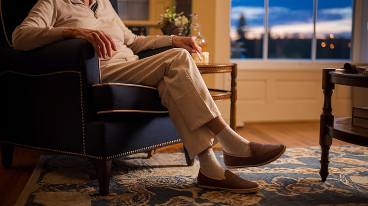 Close-up of lower legs of older adult in soft evening home setting