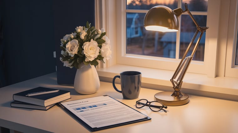 Medical report document on desk with reading glasses and warm lamp light