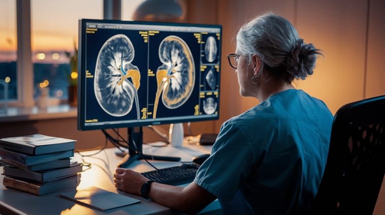 Medical professional reviewing kidney anatomy imaging on a monitor