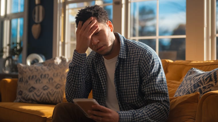 Person with hand on forehead in sunlit living room, concerned expression