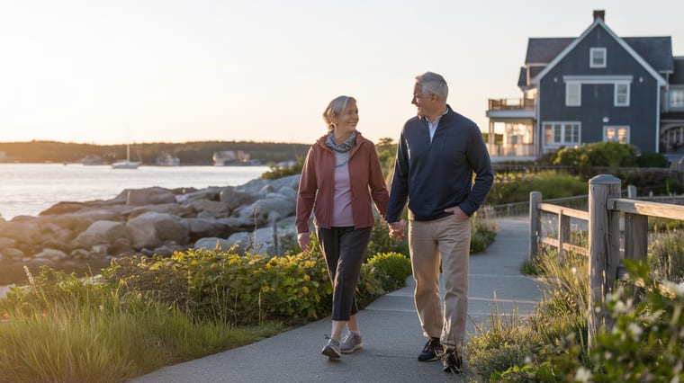 Older couple walking along Maine coastal path at golden hour