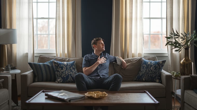 Person pressing hand to chest on couch in soft afternoon light