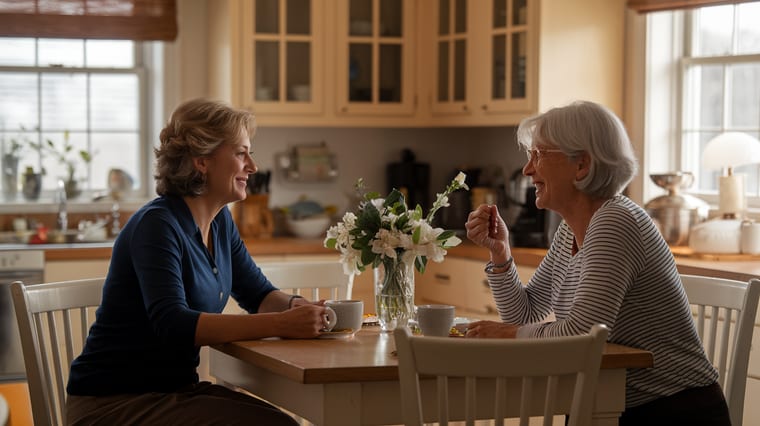 Two women in their 50s talking over coffee at kitchen table