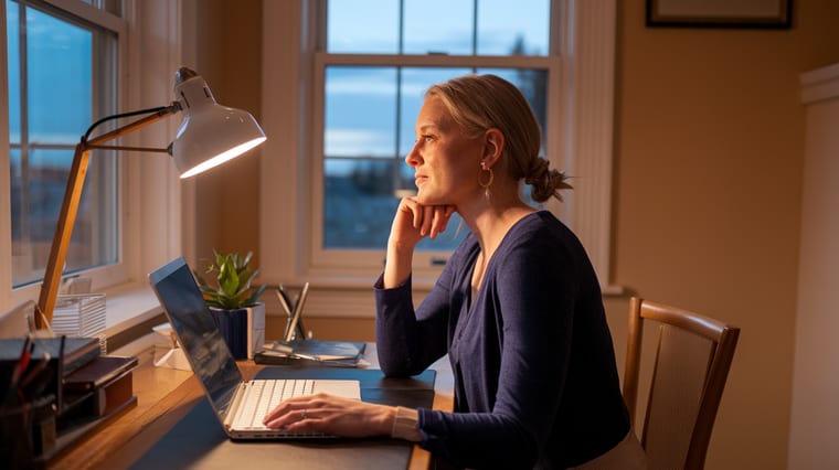Woman sitting at desk looking thoughtful in natural window light