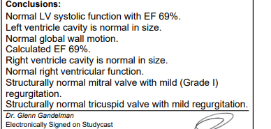 Conclusions section of an echocardiogram report, electronically signed by Dr. Glenn Gandelman